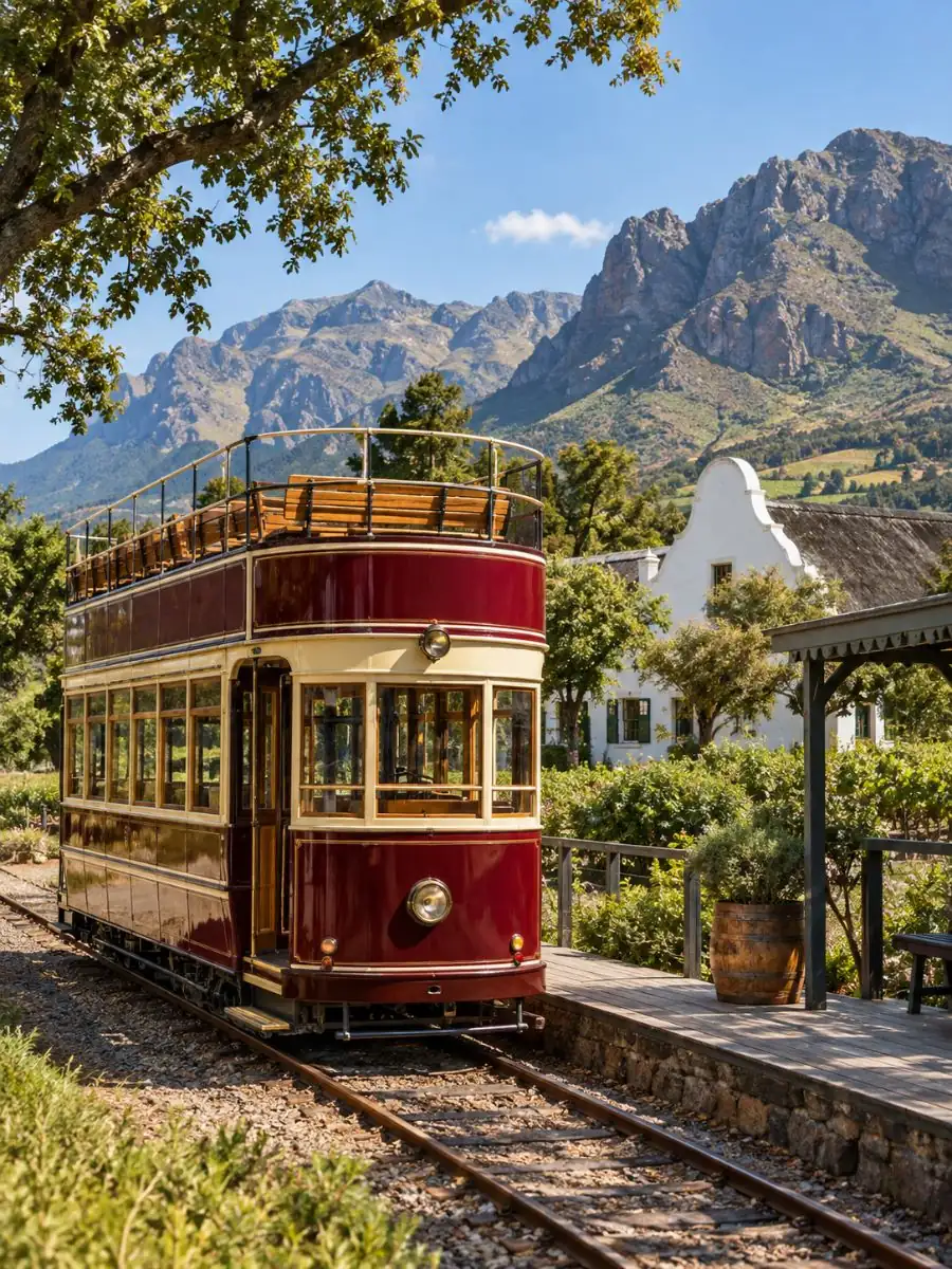 An open-top tram stopped at a small platform beside a whitewashed Cape Dutch wine estate